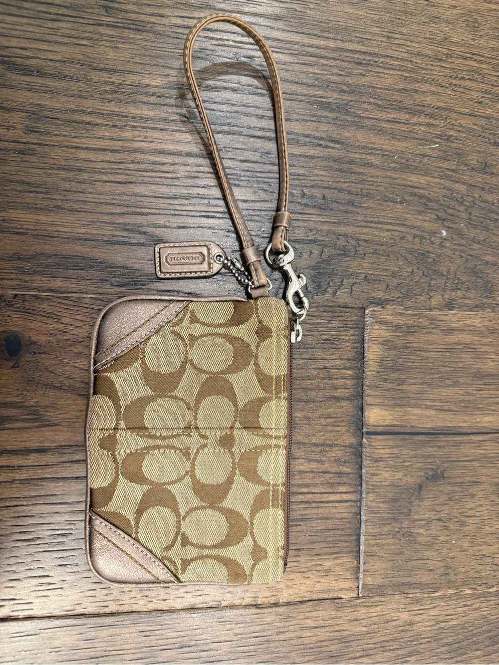 Coach Brown Signature Canvas Wristlet with Leather Trim
